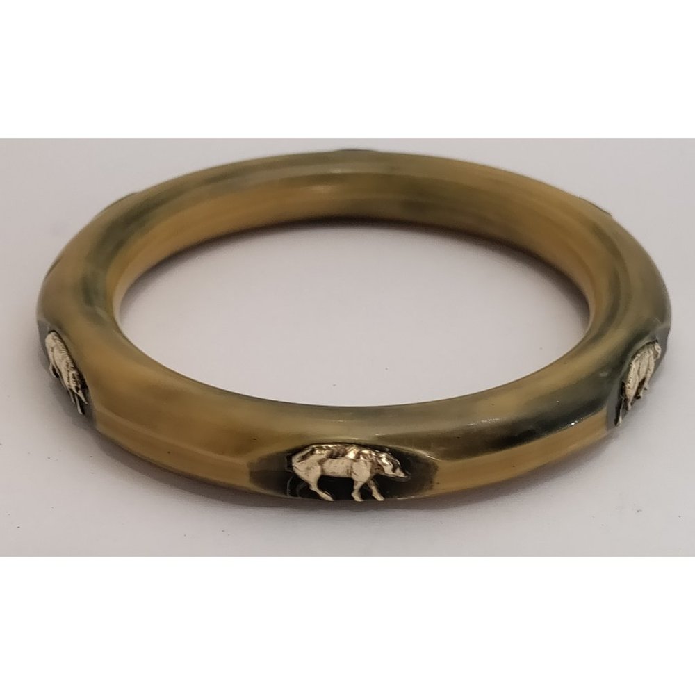 Art Deco Era Horn 11mm Round Bangle Set with Gold Filled Pig Plaques